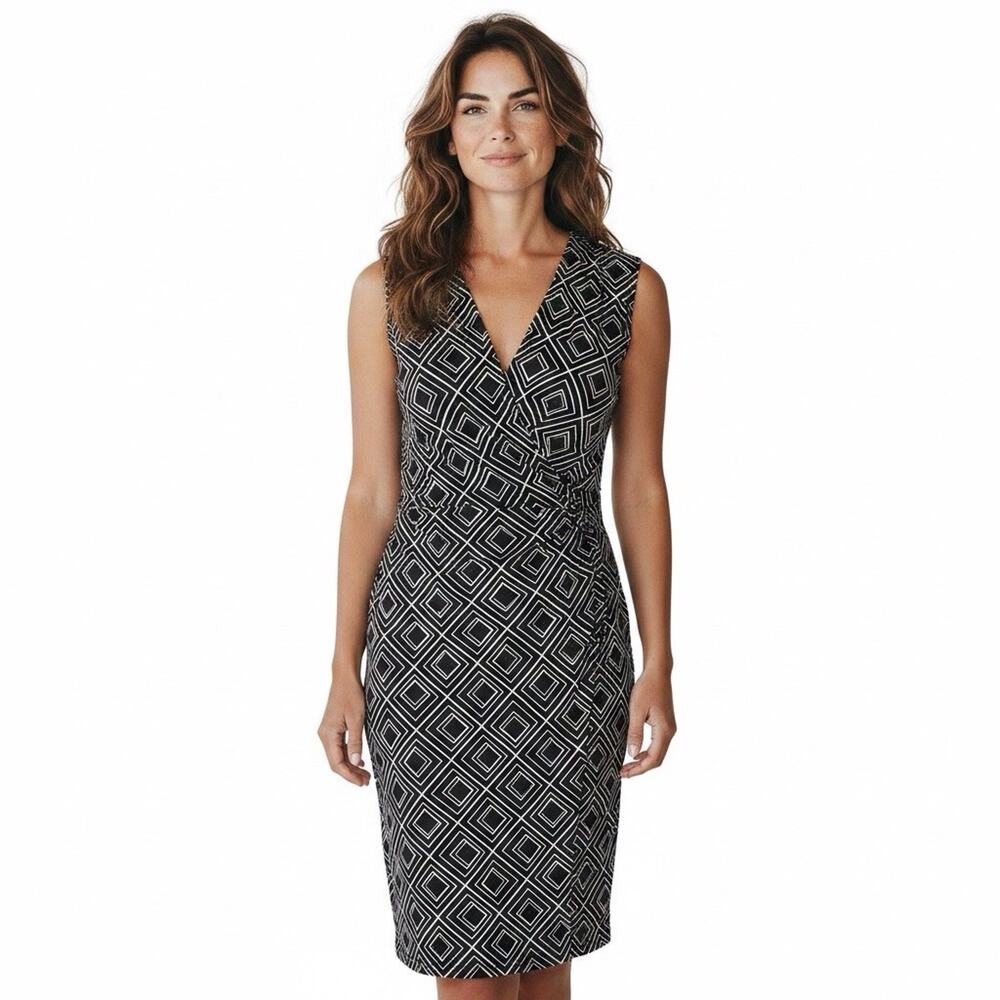 Jones NY Dress Womens XL Blue White Geometric Stretch Knit Midi Dress